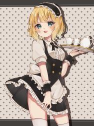  1girl :d \||/ absurdres back_bow black_corset black_hairband black_ribbon black_skirt black_wrist_cuffs blonde_hair blue_eyes blunt_bangs blush bow buttons center_frills clothes_lift collared_shirt commentary corset cowboy_shot cup double-breasted dress_shirt drop_shadow fleur_de_lapin_uniform frilled_hairband frilled_shirt frilled_skirt frilled_wrist_cuffs frills gochuumon_wa_usagi_desu_ka? hairband hand_up highres holding holding_tray kirima_syaro llatteowo lolita_hairband looking_at_viewer medium_hair neck_ribbon open_mouth polka_dot polka_dot_background puffy_short_sleeves puffy_sleeves ribbon shirt short_sleeves simple_background skirt skirt_lift smile solo teacup teapot thigh-highs thighs tray upskirt white_background white_bow white_shirt white_thighhighs wrist_cuffs zettai_ryouiki 