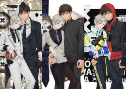 2boys animal_ears arm_around_another's_waist belt black_border black_gloves black_hair black_jacket black_necktie black_pants black_shirt black_vest blood blood_on_face blue_eyes blue_necktie blue_shirt border bottle card coat collared_shirt fake_animal_ears fake_tail fanny_pack fingerless_gloves gakuran gloves hand_around_wrist highres holding holding_bottle holding_card hood hoodie jacket light_smile long_sleeves looking_at_viewer male_focus male_playboy_bunny mege_(megechan) multiple_boys necktie original pants playing_card print_hoodie rabbit_ears rabbit_tail red_eyes red_hoodie ribbed_shirt school_uniform see-through_clothes see-through_coat see-through_sleeves shirt short_hair sweater tail techwear vest white_gloves white_hair white_necktie white_shirt white_sweater white_vest wine_bottle yellow_belt 