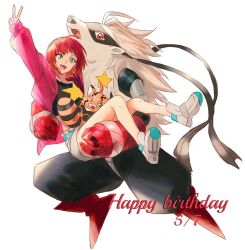  1girl 2girls arm_cannon black_shirt brown_hair carrying commentary_request dated digimon digimon_(creature) digimon_beatbreak evolutionary_line fang furry furry_female gauntlets green_eyes happy_birthday highres jacket multicolored_hair multiple_girls open_mouth orange_hair princess_carry print_shirt pristimon red_jacket risyo sakuya_reina shirt short_hair shorts simple_background smile star_(symbol) star_print two-tone_hair w weapon white_background white_shorts wolvermon 