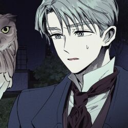  1boy bird black_necktie blue_coat coat commentary_request grey_eyes grey_hair ian_(witch's_island) korean_commentary male_focus necktie official_art open_mouth owl ppotatornado short_hair small_sweatdrop solo_focus witch's_island 