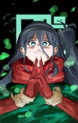  1girl alternate_costume aris_(blue_archive) black_hair black_hairband blue_archive blue_halo commentary_request cosplay cover cover_page doodle_sensei_(blue_archive) gauntlets hair_between_eyes hairband halo itadori_yuji itadori_yuji_(cosplay) j_a_c_k jujutsu_kaisen long_hair_between_eyes looking_down numbered one_side_up red_hood redrawn ringed_eyes scar scar_on_face scar_on_mouth scene_reference sensei_(blue_archive) shaded_face solo 