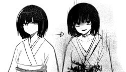  1girl arms_at_sides arrow_(symbol) bags_under_eyes blood blood_on_clothes bob_cut closed_mouth collarbone commentary evil_smile fatal_frame fatal_frame_ii:_crimson_butterfly greyscale highres kurosawa_sae long_sleeves looking_at_viewer monochrome multiple_views no_pupils obi obijime parted_lips right-over-left_kimono rog_33 sash short_hair simple_background smile strangulation_mark untranslatable_commentary upper_body white_background 