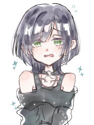  1girl amagumo_89 bang_dream! bang_dream!_our_notes black_choker black_dress choker commentary_request dress embarrassed green_eyes highres long_hair long_sleeves looking_at_viewer medium_hair o-ring o-ring_choker off-shoulder_dress off_shoulder open_mouth raised_inner_eyebrows shirt simple_background solo upper_body wavy_mouth white_background wolf_cut yakura_yomogi 
