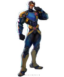  1boy absurdres adapted_costume adjusting_eyewear armor blue_armor blue_bodysuit bodysuit brown_hair clenched_hand commentary commission covered_abs cyclops_(x-men) english_commentary full_body hand_on_eyewear head-mounted_display highres knee_pads male_focus marvel marvel_rivals marvel_rivals_(style) muscular muscular_male parted_hair red-tinted_eyewear scott_summers shim0rin solo superhero_costume tinted_eyewear twitter_username white_background x-men 
