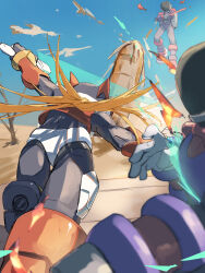  3boys absurdres android arm_cannon armor battle blonde_hair blue_sky commentary_request desert energy_sword from_behind helmet highres holding holding_sword holding_weapon long_hair male_focus mega_man_(series) mega_man_zero_(series) multiple_boys omochi_(mochi_skymega) pantheon_(mega_man) red_armor red_helmet sky solo_focus sword weapon z_saber zero(z)_(mega_man) zero_(mega_man) 
