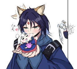  3girls absurdres animal_ears biting biting_cheek black_hair blue_hair blue_hoodie blush cho_kaguya-hime! commentary crack cracked_wall double_bun drooling ear_wiggle fox_ears green_eyes grey_hair hair_bun hair_ornament hair_rings hair_stick halterneck heart highres hood hoodie jealous long_sleeves looking_at_another mini_person minigirl multicolored_hair multiple_girls peeking_out runami_yachiyo runami_yachiyo_(mini) sakayori_iroha simple_background size_difference sunlight_(user_hspg2534) translated twintails two-tone_hair white_background 