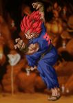  1boy absurdres akuma capcom cosplay crossover dark_skin deka_master dragon_ball dragon_ball_z fighting_stance fusion gouki gouki_(cosplay) heaven_(kanji) highres male orange_background parody red_hair solo son_goku son_gokuu street_fighter 