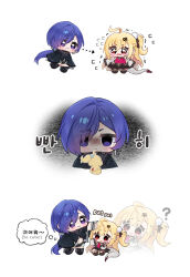  2girls ? ahoge arrow_(symbol) black_boots black_cloak blonde_hair blue_hair boots chalky_(zenless_zone_zero) chibi chibi_only cissia_(zenless_zone_zero) cloak closed_mouth commentary crescent crescent_earrings earrings flying_sweatdrops hair_between_eyes hair_ornament hair_over_one_eye hairclip headpat highres hue_oo jewelry long_hair looking_at_another multiple_girls open_mouth pom_pom_(clothes) pom_pom_hair_ornament promeia_(zenless_zone_zero) red_eyes simple_background smile snake snake_girl snake_tail tail thigh_boots untranslatable_commentary violet_eyes white_background white_snake zenless_zone_zero 
