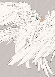  1girl blue_eyes body_fur cat_girl cocri commentary_request feathered_wings full_body furry furry_female grey_background highres looking_at_viewer multiple_wings original princess_koyuki_(cocri) solo sunburst sunburst_background tail tearing_up tiara whiskers white_fur white_hair white_wings wings 