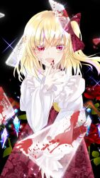  1girl alternate_costume black_background blonde_hair blood blood_on_face blood_on_object bow commentary_request commission crystal_wings flandre_scarlet floral_print flower hair_bow highres ibispaint_(medium) juliet_sleeves long_hair long_sleeves marimohu_starry missing_headwear open_mouth puffy_sleeves red_bow red_eyes red_flower red_nails red_rose red_skirt rose sash shirt side_ponytail skirt solo sparkle touhou variant_set white_shirt wings yellow_bow yellow_sash 