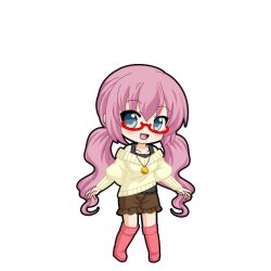  1girl :d aqua_eyes boots brown_shorts chibi chibi_only frilled_shorts frills full_body hatsune_miku_graphy_collection jewelry knee_boots long_hair long_sleeves low_twintails megurine_luka necklace off-shoulder_sweater off_shoulder pigeon-toed pink_boots pink_hair red-framed_eyewear shirt_peek shorts smile solo standing sweater tank_top_under_sweater transparent_background twintails vocaloid wavy_hair yellow_sweater 