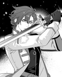  1boy closed_mouth commentary_request commission curtained_hair double-parted_bangs eiyuu_densetsu greyscale hair_between_eyes highres holding holding_sword holding_weapon looking_at_viewer male_focus monochrome rean_schwarzer second-party_source sen_no_kiseki_(series) sen_no_kiseki_iii short_hair solo sunburst sword tachi_(weapon) two-tone_background upper_body weapon 