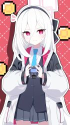  1girl absurdres black_hairband black_vest blue_archive blue_necktie blush closed_mouth collared_shirt commentary_request grey_skirt hair_between_eyes hairband halo highres jacket kei_(blue_archive) kei_(new_body)_(blue_archive) kei_(robot)_(blue_archive) korean_commentary long_hair long_sleeves necktie open_clothes open_jacket outline pixelated pleated_skirt puffy_long_sleeves puffy_sleeves red_background red_eyes shirt skirt small_sweatdrop sprout_(haji_s) sweat very_long_hair vest white_hair white_outline white_shirt 