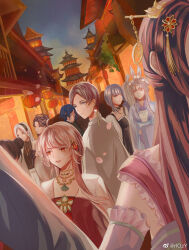  2boys 6+girls ^_^ ahoge animal_ears architecture bare_shoulders belt belt_buckle black_dress black_hairband black_jacket black_shirt blazer blue_hair blue_hanfu blue_sky blunt_bangs bow-shaped_hair bright_pupils brown_hair buckle chi_xiaoyu_(shining_nikki) chinese_clothes chinese_commentary chinese_hairpin choker closed_eyes closed_mouth collared_shirt commentary_request detached_sleeves double_bun dress earrings east_asian_architecture evening expressionless extra_ears faceless faceless_male facial_mark faint_moon_dew_(shining_nikki) feather_hair_ornament feathers festival flower forehead_mark frilled_dress frilled_sleeves frills gem gem_hair_ornament gold_choker gold_necklace gradient_sky green_gem grey_eyes grey_hair hair_bun hair_flower hair_half_over_shoulder hair_ornament hairband hanfu hanging_plant happy high-waist_pants highres holding holding_phone jacket jewelry jiang_beixi_(shining_nikki) jiang_xitong_(shining_nikki) lantern light_smile lipstick long_hair long_sleeves looking_ahead looking_at_viewer looking_back makeup multicolored_hair multiple_boys multiple_girls necklace nikki_(series) open_clothes open_jacket outdoors pagoda pants paper_lantern parted_bangs parted_lips pendant phone pink_dress pom_pom_(clothes) pom_pom_hair_ornament purple_sleeves qin_yi_(shining_nikki) qing_yumo_(shining_nikki) qingyue_(shining_nikki) rabbit_ears rabbit_girl red_dress red_eyes red_lips riozy see-through_clothes see-through_jacket shining_nikki shirt short_hair short_hair_with_long_locks sight_of_the_moon_(shining_nikki) single_earring single_sidelock sky sleeveless sleeveless_dress smile straight_hair strapless strapless_dress streaked_hair talking_on_phone tassel tassel_earrings tassel_hair_ornament two-tone_dress upper_body vermillion_snow_(shining_nikki) vulture_(shining_nikki) watermark wavy_hair weibo_watermark white_belt white_dress white_hair white_hanfu white_jacket white_pants white_pupils yexiao_(shining_nikki) 