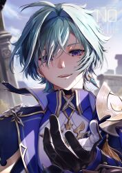  1boy absurdres ahoge armor belt belt_collar black_belt black_gloves blue_shirt choker clouds cloudy_sky coat collar collared_shirt commentary_request earrings genshin_impact gloves green_hair hair_between_eyes highres jewelry lohen_(genshin_impact) long_sleeves looking_at_viewer male_focus mayupika mole mole_under_eye multicolored_eyes multicolored_gloves open_mouth outstretched_hand parted ruins shirt short_hair shoulder_armor single_earring sky sunlight teeth two-tone_gloves upper_body upper_teeth_only 