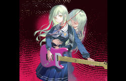  2girls bang_dream! bang_dream!_it's_mygo!!!!! blue_serafuku blue_shirt chinese_commentary closed_eyes closed_mouth commentary_request cowboy_shot dual_persona expressionless green_hair grey_neckerchief guitar holding holding_guitar holding_instrument hug hug_from_behind instrument kumo_ryuun long_hair long_sleeves mortis_(bang_dream!) mortis_(persona)_(bang_dream!) multiple_girls neckerchief pink_background pleated_skirt sailor_collar school_uniform serafuku shirt sidelocks skirt smile standing tsukinomori_school_uniform wakaba_mutsumi white_sailor_collar winter_uniform yellow_eyes 