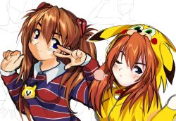1girl blue_eyes blush canihavepromo chris-chan chris-chan_(cosplay) cosplay highres lottie_(gravyalloverhim) multiple_costumes neon_genesis_evangelion onesie orange_hair pikachu pikachu_(cosplay) pokemon sonichu sonichu_(cosplay) sonichu_(series) sonichu_medallion souryuu_asuka_langley third-party_source v white_background