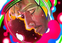  1boy blonde_hair close-up closed_eyes commentary facial_hair facing_to_the_side gteu_01 helmet highres male_focus mustache portrait project_hail_mary ryland_grace saturated short_hair smile solo space_helmet 