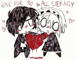  1boy 1girl aigis_(persona) belt blank_eyes blood blush bow chibi chibi_only collared_shirt english_text full_body hairband heart long_sleeves persona persona_3 reibyous shirt short_hair triangle_mouth yuuki_makoto_(persona_3) 