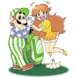 1boy 1girl bag blue_eyes blush brown_hair brown_shoes commentary_request dress earrings excited facial_hair flower_earrings full_body gloves grass green_bag green_hat green_overalls happy hat highres holding_hands jewelry jumping long_hair long_sleeves looking_at_another looking_at_viewer luigi luigi_(golf) mario_golf mustache nes_open_tournament_golf open_mouth overalls princess princess_daisy princess_daisy_(classic_sports) shoes short_hair soyl26 star_(symbol) star_print striped_clothes striped_headwear striped_overalls super_mario_bros. sweat vertical-striped_overalls yellow_dress yellow_shoes 