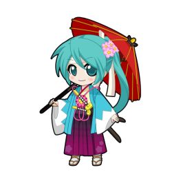  1girl aqua_eyes aqua_hair black_outline blue_haori blush chibi chibi_only closed_mouth flower full_body game_asset gradient_hakama hair_flower hair_ornament hakama haori hatsune_miku hatsune_miku_graphy_collection headband holding holding_umbrella japanese_clothes katana kimono long_hair looking_at_viewer oil-paper_umbrella outline ponytail purple_hakama sandals sheath sheathed smile solo standing sword tabi transparent_background umbrella vocaloid weapon white_headband yellow_kimono 