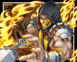  1boy absurdres ai_shou chain fire highres hood hood_up kunai male_focus mask mortal_kombat_(series) mouth_mask muscular muscular_male skorpion_(girls'_frontline) solo upper_body weapon 