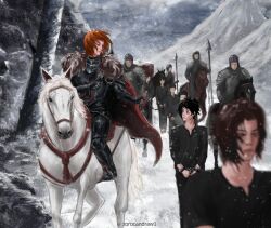  3boys 4others armor auro_of_the_nine black_hair brown_hair canon_event cape commentary cuffs english_commentary full_body fur_trim handcuffs highres holding holding_polearm holding_weapon horseback_riding knight mountainous_horizon multiple_boys multiple_others outdoors people polearm red_cape riding shadow_slave snow snowing spear sunny_(shadow_slave) weapon zorocandraw1 