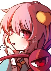  1girl blue_shirt blush collared_shirt commentary_request disembodied_linked_eye eyeball frilled_sleeves frills hair_ornament hand_on_own_cheek hand_on_own_face heart heart_hair_ornament highres illust_atelier3 komeiji_satori long_sleeves looking_at_viewer one-hour_drawing_challenge pink_eyes pink_hair portrait puff_of_air shirt signature solo sweatdrop touhou wide_sleeves 