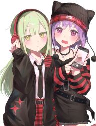  2girls animal_ear_headwear bang_dream! bang_dream!_it's_mygo!!!!! beanie black_hat black_jacket black_necktie cellphone commentary_request gothic_punk green_hair hat headphones highres holding holding_phone jacket long_hair long_sleeves looking_at_viewer multiple_girls necktie off-shoulder_shirt off_shoulder open_mouth phone pink_eyes pointing purple_hair red_shirt shirt short_hair simple_background smartphone suiren_sou wakaba_mutsumi white_background white_shirt yellow_eyes yuutenji_nyamu 