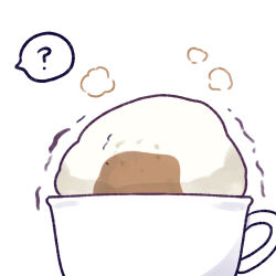  ? commentary_request cup food food_focus highres hololive no_humans onigiri simple_background speech_bubble spoken_question_mark teacup trembling white_background yananang 