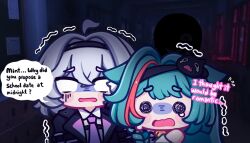  2girls @_@ ahoge aya_chan1221 black_hairband black_jacket blank_eyes blush_stickers chibi chibi_only collared_shirt commentary english_commentary english_text female_esper_zero_(neverness_to_everness) green_hair grey_hair hair_intakes hairband highres jacket long_hair mint_(neverness_to_everness) multicolored_hair multiple_girls necktie neverness_to_everness open_clothes open_jacket open_mouth pink_necktie red_streaks scared shirt short_hair speech_bubble streaked_hair tears trembling turn_pale white_shirt 