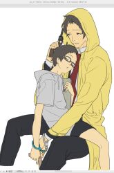  2boys adachi_tooru aged_down art_program_in_frame black_hair black_pants closed_mouth coat cuffs drawstring grey_hoodie gun handcuffs handgun holding holding_gun holding_weapon hood hood_down hood_up hoodie male_focus multiple_boys necktie new_nambu_m60 pants persona persona_4 rectangular_eyewear red_necktie runred shirt sitting time_paradox weapon white_shirt yellow_coat 