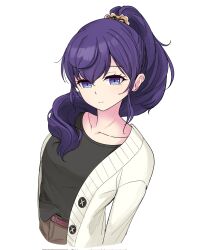  1girl arm_at_side asahina_mafuyu belt black_shirt breasts brown_pants cardigan closed_mouth collarbone commentary corrupted_twitter_file cropped_torso expressionless hair_between_eyes hair_ornament hair_over_shoulder hair_scrunchie high_ponytail highres long_hair long_sleeves looking_at_viewer medium_breasts open_cardigan open_clothes orange_scrunchie pants pink_belt ponytail project_sekai purple_hair scrunchie shirt shirt_partially_tucked_in sidelocks simple_background solo taizan_gaki upper_body violet_eyes white_background white_cardigan 