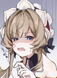  1girl bare_shoulders black_bow black_collar blue_eyes bonnet bow brown_hair collar commentary_request detached_collar dress genshin_impact hair_bow hair_ornament hand_up haru_sakura3915 highres looking_at_viewer open_mouth portrait sandrone_(genshin_impact) short_hair_with_long_locks simple_background solo white_headdress 