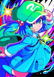  1girl backpack bag blue_boots blue_eyes blue_hair blue_shirt blue_skirt boots closed_mouth commentary_request flat_cap green_hat hair_bobbles hair_ornament hand_on_headwear hat highres ishiki_nuru kawashiro_nitori long_sleeves looking_at_viewer rubber_boots shirt short_hair skirt smile solo touhou two_side_up 