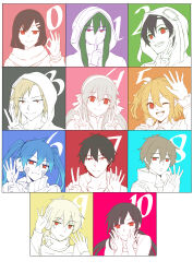  5boys 6+girls absurdres amamiya_hibiya apron aqua_background arm_up arrow_(symbol) asahina_hiyori black_hair blonde_hair blue_background blue_hair bow_hairband brown_hair child closed_mouth collared_vest color_coordination colorful_background commentary double_v dress ene_(kagerou_project) english_commentary enpera facial_mark finger_to_mouth flat_color frilled_apron frills frown goggles goggles_on_hood green_background green_eyes grey_background hair_between_eyes hair_ornament hairband hairclip hand_up headphones highres hood hood_up hoodie idol_clothes index_finger_raised jacket kagerou_project kairikazu kano_shuuya kido_tsubomi kisaragi_momo kisaragi_shintarou konoha_(kagerou_project) kozakura_marry looking_at_viewer looking_to_the_side low_twintails microphone multiple_boys multiple_girls neck_warmer no_pupils numbered ok_sign open_clothes open_jacket open_mouth orange_background orange_hair parallel_hairclips partially_colored pink_background portrait purple_background red_background red_eyes scarf seto_kousuke short_hair smile tateyama_ayano track_jacket twintails v vest w white_hair 