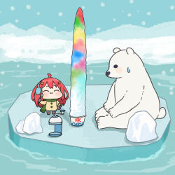  1girl :t ^_^ absurdres ahoge akino_ell animal bear blue_sky boots brown_boots brown_jacket chibi closed_eyes closed_mouth commentary_request cup day disposable_cup eating food fringe_trim fur-trimmed_boots fur_trim go-toubun_no_hanayome green_scarf hair_ornament highres holding holding_spoon ice ice_shaver jacket long_hair nakano_itsuki outdoors polar_bear rainbow_gradient red_hair scarf shaved_ice sitting sky snow snowing solo spoon star_(symbol) star_hair_ornament very_long_hair water wavy_mouth 