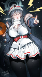  1girl absurdres armband black_hair black_pantyhose blue_archive commentary fur_trim green_eyes halo hard_hat helmet highres holding holding_megaphone jacket long_hair megaphone minori_(blue_archive) open_clothes open_mouth pantyhose scarf shangdi_de_fa_zhang white_helmet white_scarf 