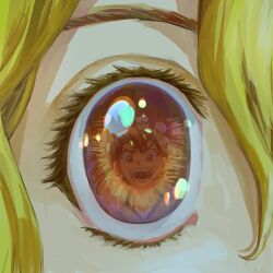  1boy 1girl chrome_(dr._stone) close-up commentary_request different_reflection dr._stone eye_focus eye_reflection eyelashes highres looking_at_another reflection reflection_focus smile suika_(dr._stone) wide-eyed zatt_1 