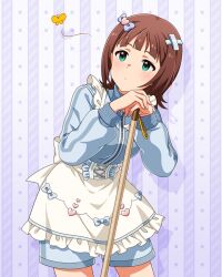  1girl amami_haruka apron blue_jacket bow breasts brown_hair bug butterfly card_commentary closed_mouth commentary_request cowboy_shot game_asset green_eyes hair_bow hair_ornament heart heart_hair_ornament idolmaster idolmaster_(classic) idolmaster_million_live! idolmaster_million_live!_theater_days jacket jersey_maid jersey_maid_girl_(idolmaster) long_sleeves maid official_alternate_costume official_art short_hair solo standing third-party_source track_jacket unconventional_maid waist_apron white_apron x_hair_ornament 