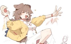  1girl 1other animal_ears blush braid brown_eyes brown_hair cocomayo29_(tomato) collar commentary_request dog_ears dog_girl dog_tail dress highres hololive inugami_korone inugami_korone_(1st_costume) jacket korean_commentary listener_(inugami_korone) medium_hair one_eye_closed red_collar smile solo star_(symbol) tail twin_braids virtual_youtuber white_dress yellow_jacket 