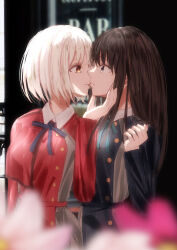  2girls absurdres belt black_hair blonde_hair blue_belt blue_dress blue_ribbon bob_cut commentary_request dress grey_dress highres inoue_takina kiss long_hair lycoris_recoil lycoris_uniform multiple_girls nishikigi_chisato obake_(amimonoobake) pleated_dress red_belt red_dress red_eyes ribbon smile two-tone_dress violet_eyes yuri 