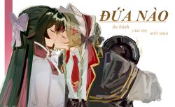  2girls absurdres alternate_costume anger_vein black_hair blush bow brown_hair closed_eyes closed_mouth collar columbina_(genshin_impact) genshin_impact hair_bow hair_ornament hair_ribbon highres kiss long_hair multicolored_hair multiple_girls necktie purple_hair red_necktie ribbon saawawa sandrone_(genshin_impact) simple_background smile streaked_hair two-tone_hair upper_body very_long_hair white_background white_bow white_collar yuri 