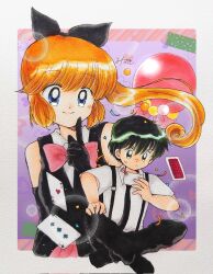  1boy 1girl ace_(playing_card) ace_of_hearts asuka_daiki black_bow black_eyes black_gloves black_hair black_pants black_shirt black_shoes blue_eyes bow bowtie card closed_mouth collared_shirt commentary_request confetti elbow_gloves floating_hair fukatsuki_mizuki gloves hair_bow hand_on_own_knee hand_up haneoka_meimi heart highres holding holding_paper index_finger_raised indian_style kaitou_saint_tail long_hair magical_girl orange_hair pants paper pink_bow pink_bowtie pink_skirt playing_card ponytail projected_inset reading saint_tail shirt shoes signature sitting skirt sleeveless sleeveless_shirt small_sweatdrop suspenders three_of_clubs traditional_media white_shirt 