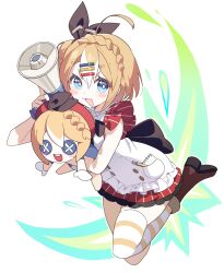  1girl :d absurdres ahoge black_ribbon blue_eyes blush_stickers boots braid brown_boots character_doll commentary doll donna_(stella_sora) gachop99 hair_ornament hair_ribbon highres mechanical_pencil megaphone notebook open_mouth pencil ribbon sidelocks single_thighhigh sleeveless smile solo spiral_notebook stella_sora striped_clothes striped_thighhighs thigh-highs untranslatable_commentary white_hair 
