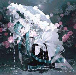  1girl aqua_eyes aqua_hair aqua_trim arm_tattoo black_boots black_skirt boots bow commentary detached_sleeves english_commentary flower frilled_shirt frilled_umbrella frills from_side grey_sleeves hair_between_eyes hair_bow hatsune_miku holding holding_umbrella long_hair long_sleeves looking_at_viewer number_tattoo open_mouth outdoors pink_flower pink_rose platform_boots pleated_skirt pointing pointing_at_object rina_(crystalrina) rose rose_bush see-through_clothes see-through_sleeves shirt sidelocks skirt sleeveless sleeveless_shirt smile squatting tattoo teeth transparent transparent_umbrella turning_head twintails umbrella umbrella_flower untucked_shirt upper_teeth_only vocaloid white_bow white_flower white_rose white_shirt wide_sleeves 