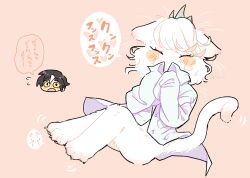  1boy 1girl animal_feet blush body_fur borrowed_clothes cat_girl claws closed_eyes cocri commentary_request full_body furry furry_female koharu_(cocri) orange_background original oversized_clothes oversized_shirt princess_koyuki_(cocri) shirt simple_background tail tiara translation_request whiskers white_fur white_hair white_shirt 