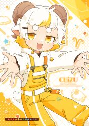  1boy :3 :d animal_ears aries_(constellation) artist_name belt blonde_streaks blush brown_horns chizu_(421ooouy) commentary_request constellation dot_nose drop_shadow feet_out_of_frame fur-trimmed_overalls grid_background highres hood hood_down hoodie horizontal_pupils horns long_sleeves looking_at_viewer male_focus multicolored_hair open_mouth original outline outstretched_arms overalls personification sheep_boy sheep_ears sheep_horns sheep_tail short_hair smile solo standing streaked_hair tail thick_eyebrows twitter_username watermark white_background white_belt white_hair white_hoodie white_outline yellow_eyes yellow_overalls 