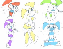  >_< 1girl ? alternate_hair_color arm_behind_back blonde_hair blue_hair blue_skirt blush colored_skin crying disgust dishwasher9 flying_sweatdrops green_hair humanoid_robot interlocked_fingers jenny_wakeman joints mechanical_hair metal_skin miniskirt multiple_views my_life_as_a_teenage_robot nervous open_mouth own_hands_together purple_hair purple_skirt red_hair robot robot_joints simple_background sitting skirt sparkling_eyes standing twintails v-shaped_eyebrows white_background white_skin yellow_skirt 