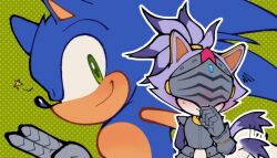  1boy 1girl animal_ears animal_nose armor blaze_the_cat blue_fur blush breastplate cat_ears cat_girl cat_tail closed_mouth cosplay forehead_jewel furry furry_female furry_male gauntlets gloves green_background green_eyes grey_gloves hand_up hedgehog helmet highres looking_at_viewer percival_(sonic) polka_dot polka_dot_background ponytail purple_fur smile sonic_(series) sonic_and_the_black_knight sonic_the_hedgehog sonic_the_hedgehog_(character) spidercheetos star_(symbol) tail tail_wagging v white_gloves 